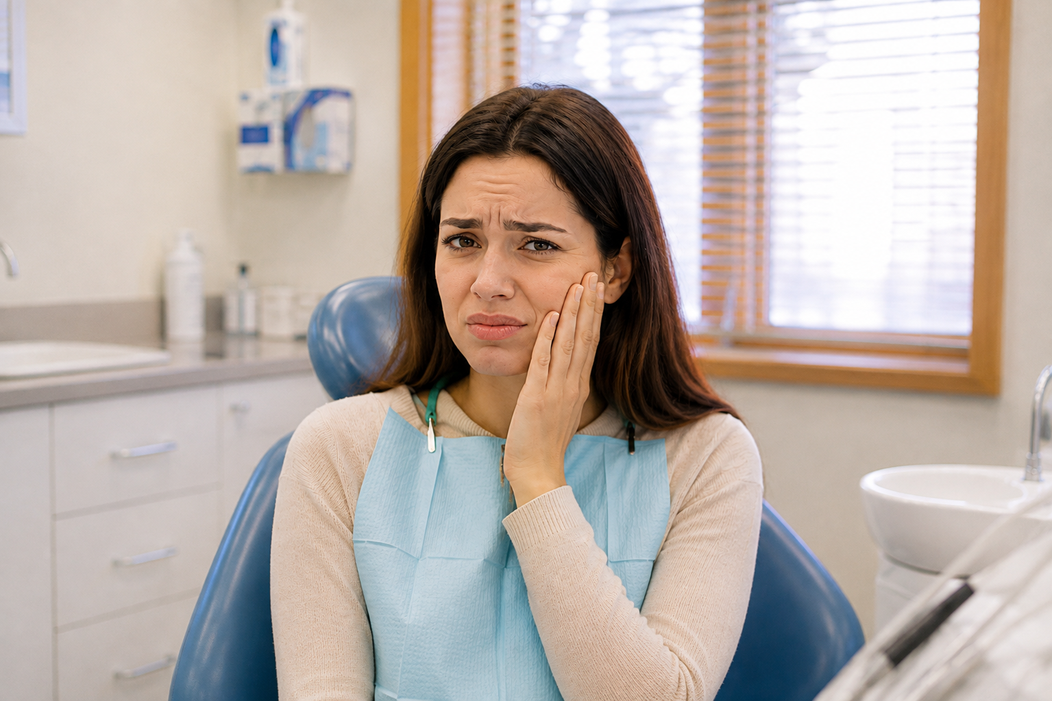 Woman with tooth pain seeking emergency dental care in Hamilton
